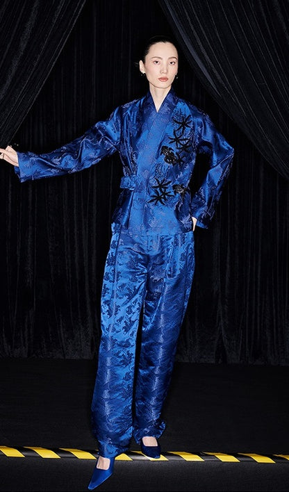 M essential Mackay designer sea green jacquard gag fish algae pattern nail bead jacket - ZYAN.