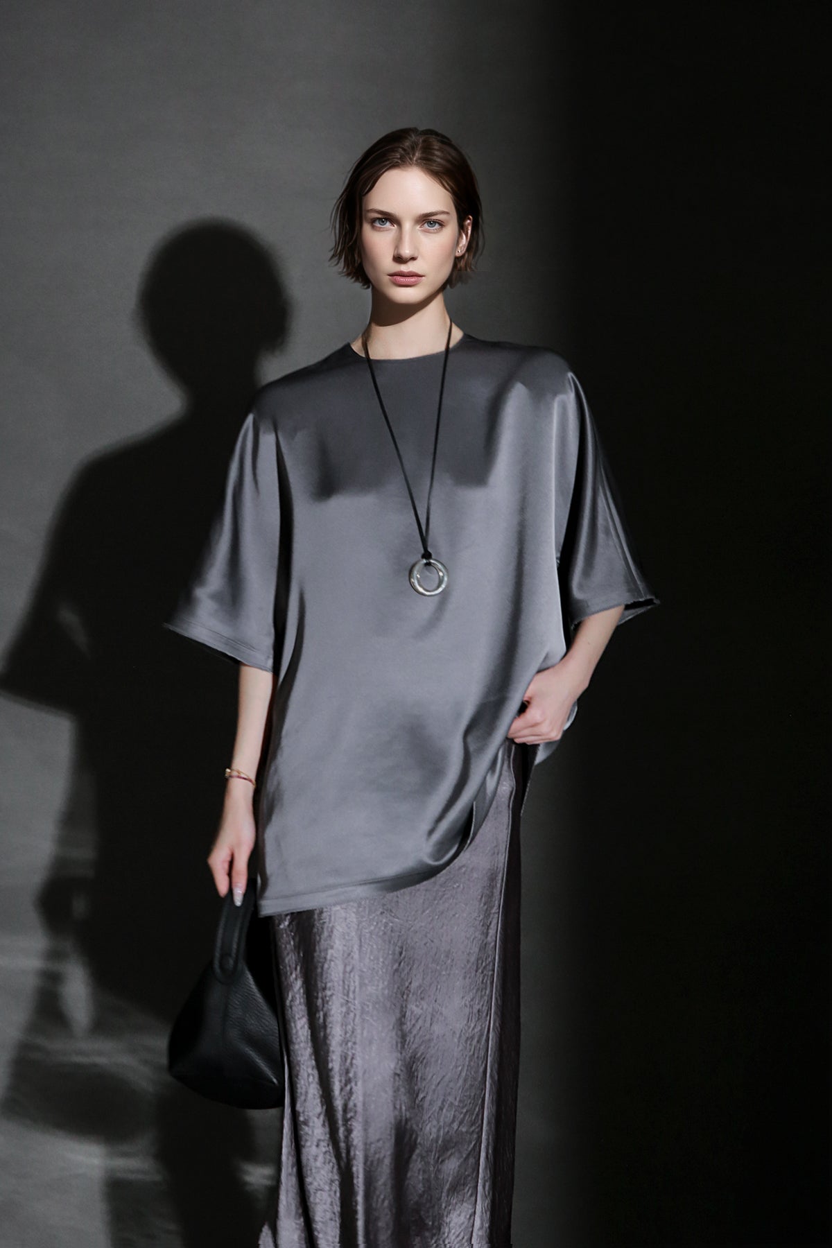 PIAOIN light luxury acetate satin glossy mid sleeve body shirt - CHARLOTTE