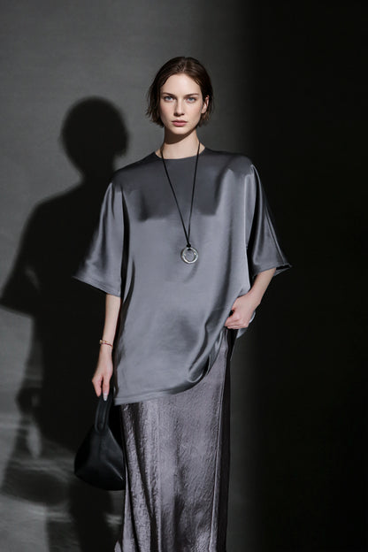 PIAOIN light luxury acetate satin glossy mid sleeve body shirt - CHARLOTTE