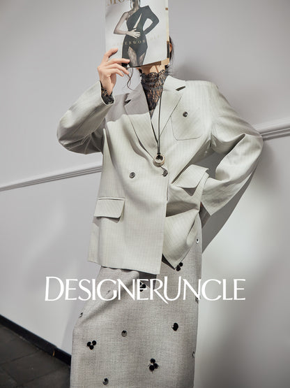 DGU|Gray striped high-end loose design fashionable slimming suit jacket - Louis.