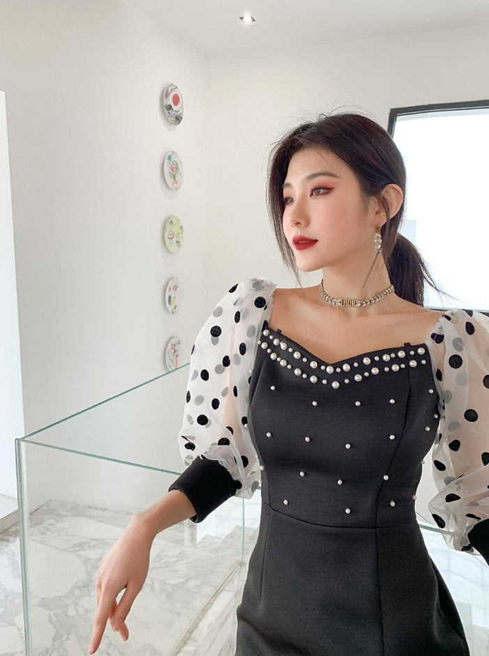 DOLLY Luxury Black Retro Style V-Neck Polka Dot Long Sleeve Slim Fit Dress-DEL