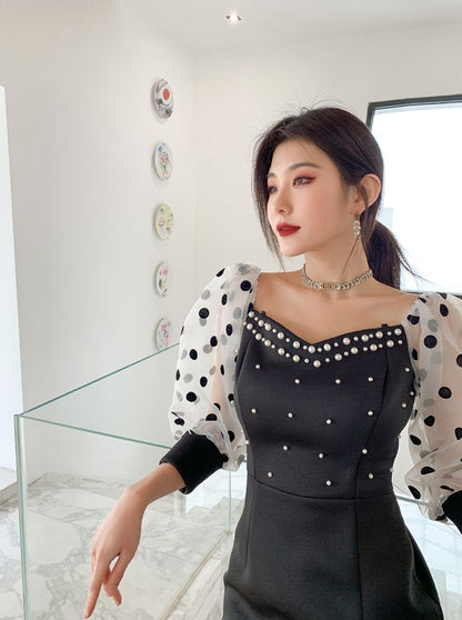 DOLLY Luxury Black Retro Style V-Neck Polka Dot Long Sleeve Slim Fit Dress-DEL