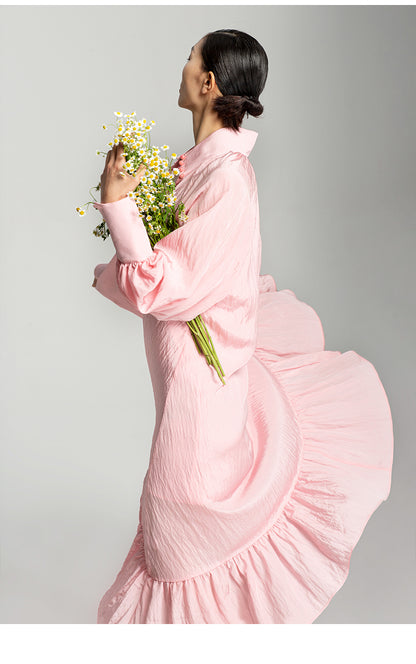 LEDIM W luxury highend ruffle soft pastel pink loose shirt midi dress - Imon