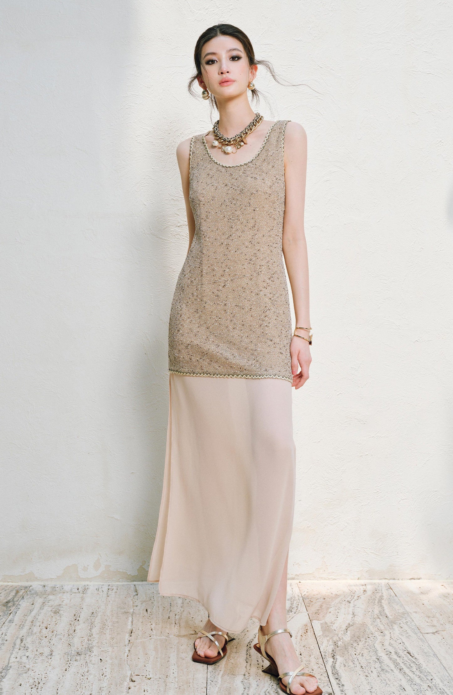 WANGXO | Satin-Stitched Georgette & Stretch Sequin Knit  Suspender Skirt & Vest Skirt Set -LUMA