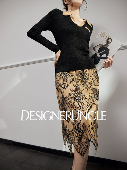 DGU "Qimo" black knitted sweater V-neck fashion high-end commuter top - BUGGY.