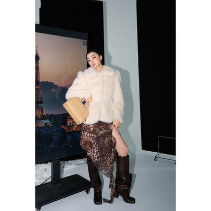 MEI SANGUAN beige retro fur short single-breasted top coat - AUSTIN