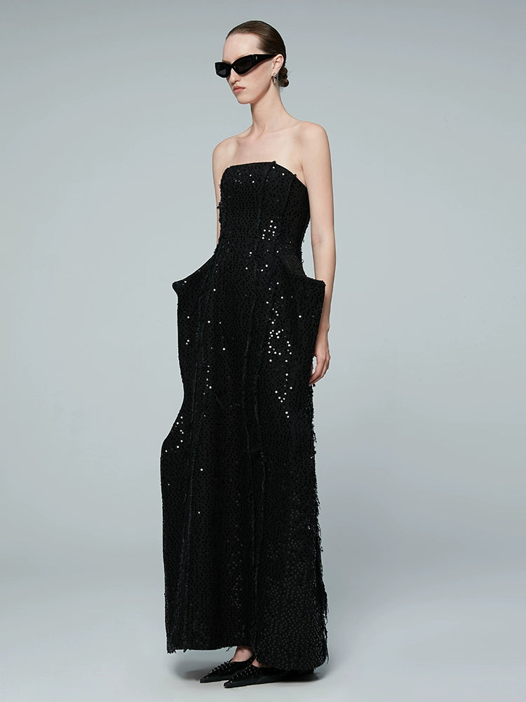 ANNAKIKI niche black beaded raw edge denim sleeveless dress-GUYTON