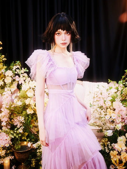 DOLLY High End Square Collar Short Ruffle Sleeves High Waist French Style Dress-MARIANA