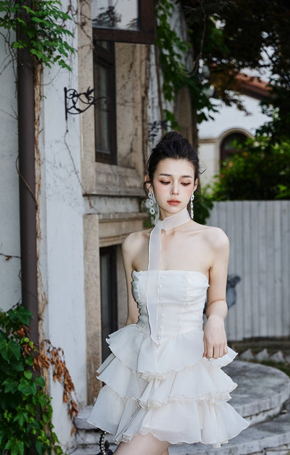 DOLLY Elegant Cream Colored Tube Top Fluffy Ruffle Birthday Dress-ANDORA (V)