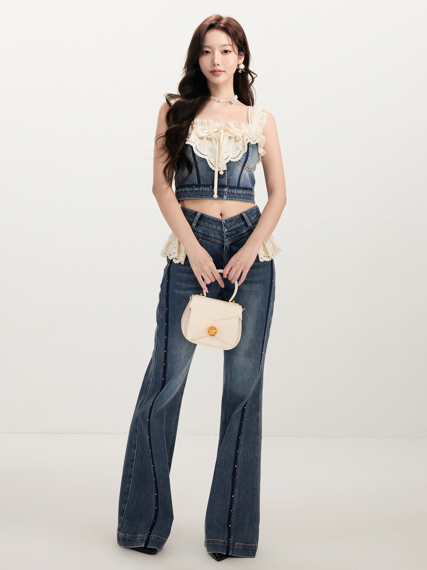 FAME Madeira Embroidered Denim Panelled Suspender Top Women's Outerwear