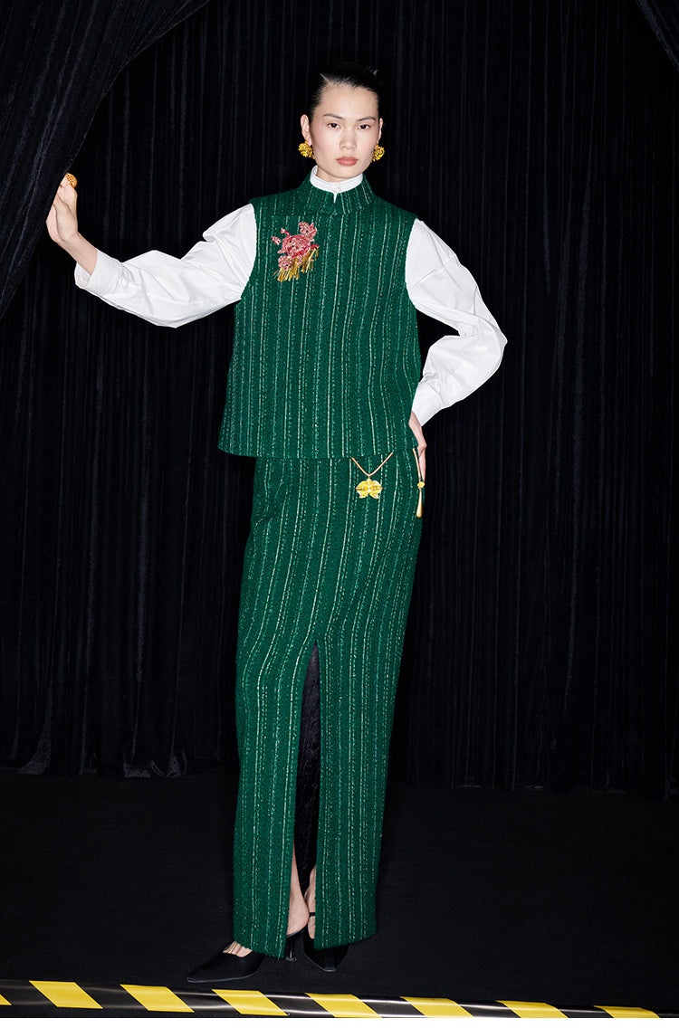 M essential Mackay designer rose beads placket green vest pencil skirt - Biba.