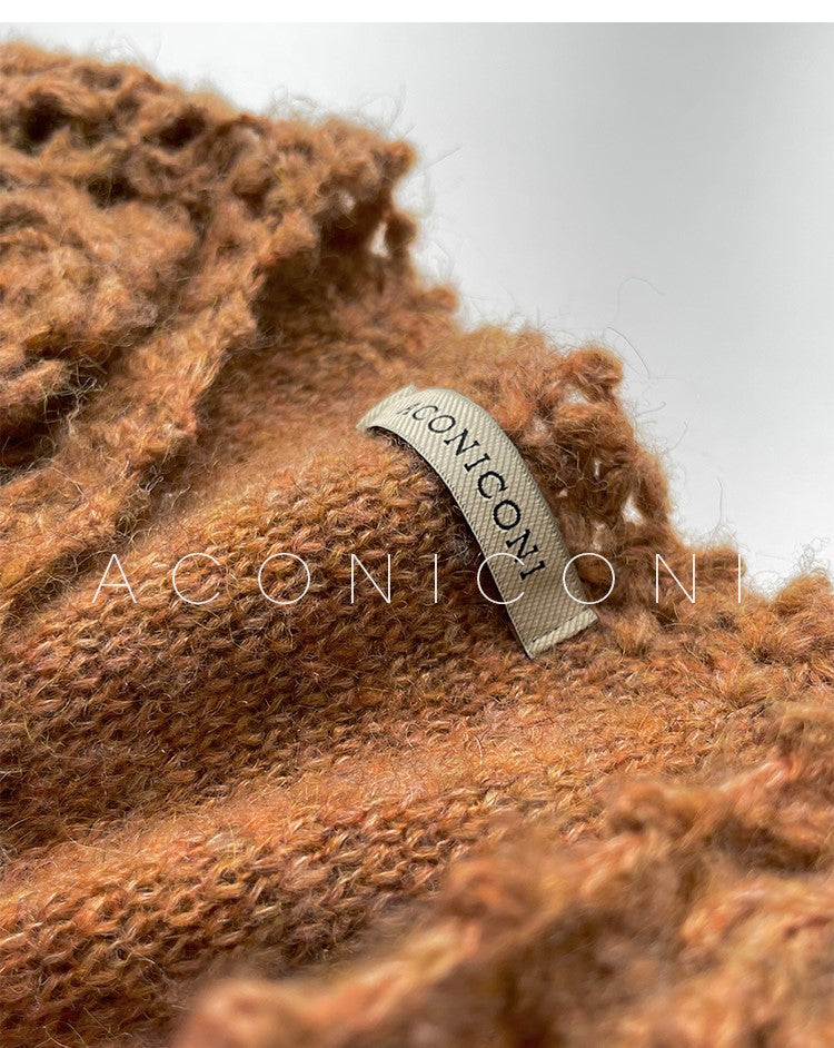 Aconiconi Luxury Loose V-Neck Long Sleeve Crochet Sweater - Camellia in the Fields