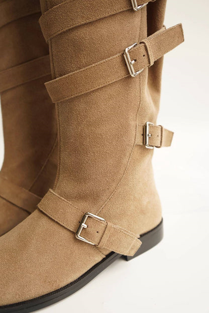 B-FEI belt buckle high-top leather women's fashion boots.