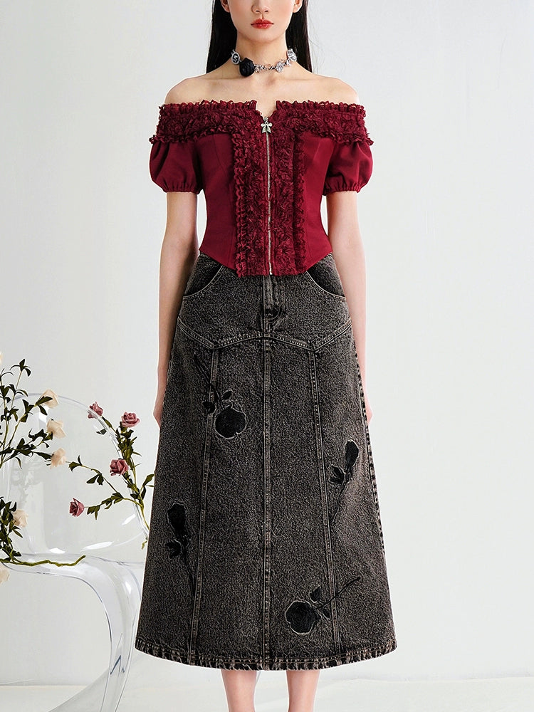 CHECOCRE Chic Stubble Fashion Temperament Embroidered Denim Skirt - FLUTTER