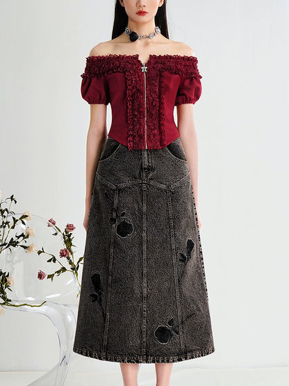 CHECOCRE Chic Stubble Fashion Temperament Embroidered Denim Skirt - FLUTTER