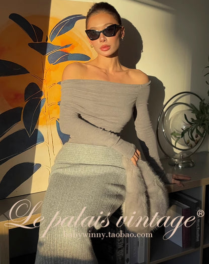 Le Palais Vintage Autumn/Winter Gray Wool Knit Wrap Long Skirt-FERA