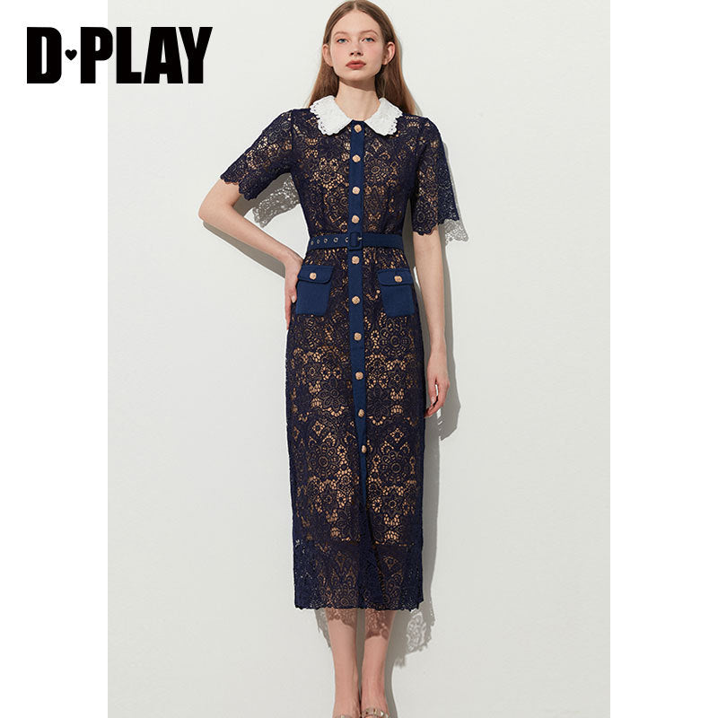 DPLAY Light Luxury Navy Blue Openwork Lace Lapel midi dress - Ebinn S / Navy DPLAY Light Luxury Navy Blue Openwork Lace Lapel midi dress - Ebinn S / Navy