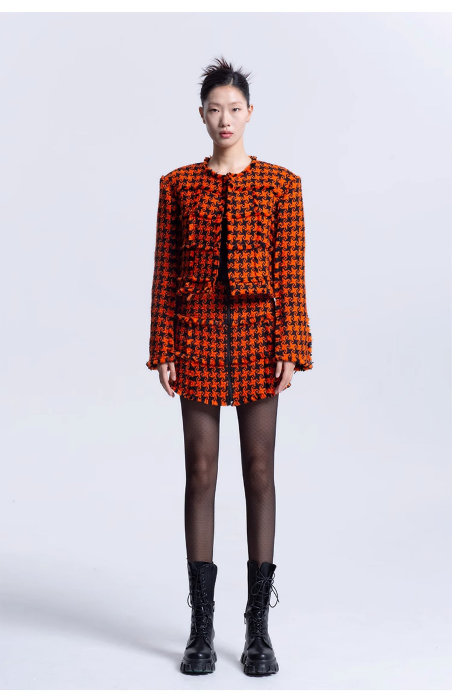 LEDIM W luxury highend patchwork orange houndstooth tweed short shirt- Haiei