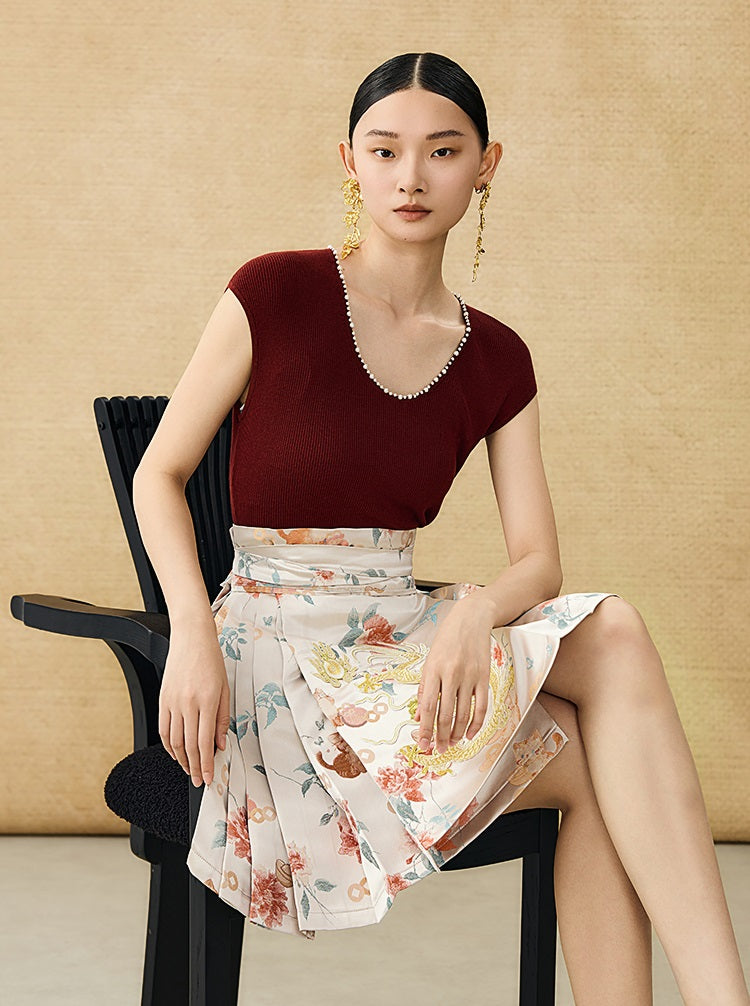 HECO Chinese style U-neck nail bead shoulder wrap small fly sleeve top - ROSE.