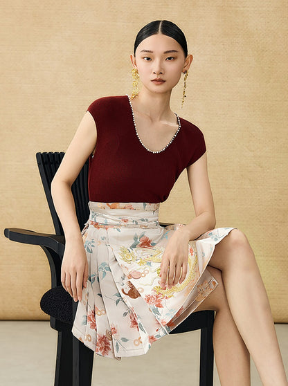 HECO Chinese style U-neck nail bead shoulder wrap small fly sleeve top - ROSE.