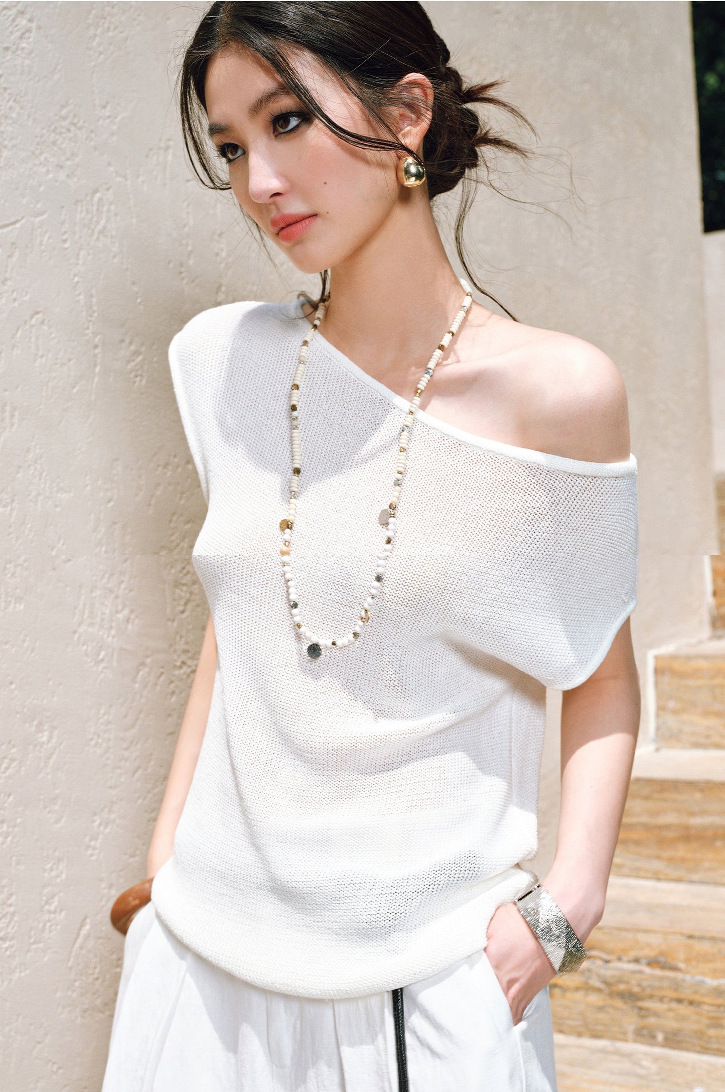 WANGXO |Linen Delicate Knit Slant Shoulder Top & Tailored Straight Pants with Airy Elegance Suit Set -RAYA