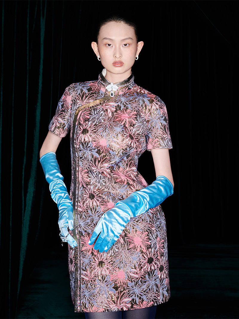 cheongsam dress designer Blue Qipao for women, blue sequins Cheongsam, sequins oriental dress Beth&Brian Qipao