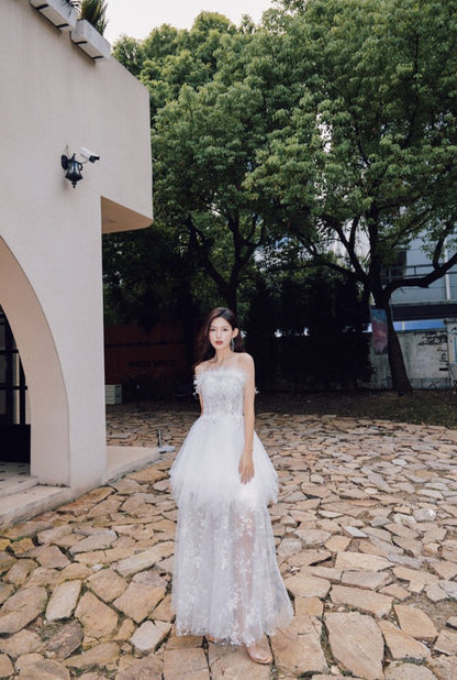 DOLLY Elegant Sleeveless Feather Tube Top Embroidery Long Tutu Dinner Dress-KYLIE