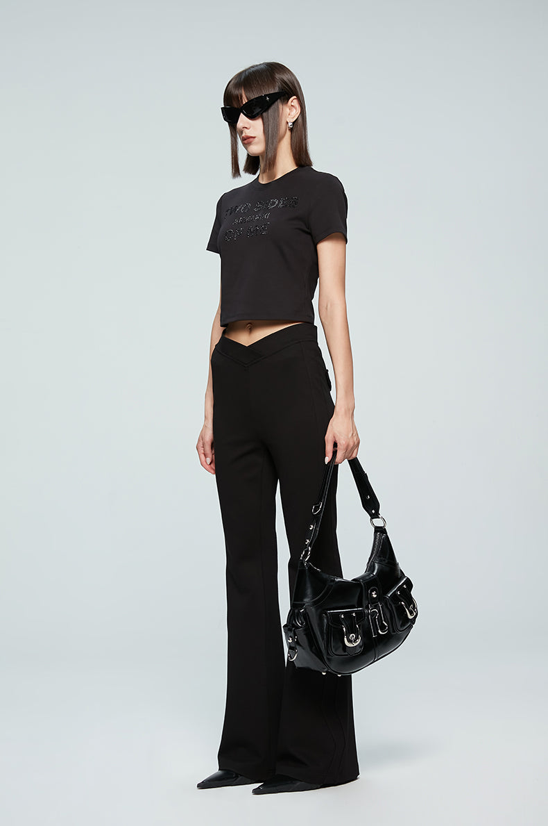 ANNAKIKI Designer Black V-Waist Bootcut Pants Casual Pants-CARTI