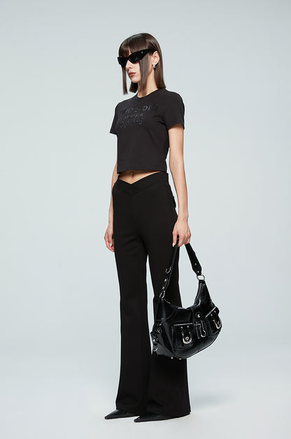 ANNAKIKI Designer Black V-Waist Bootcut Pants Casual Pants-CARTI