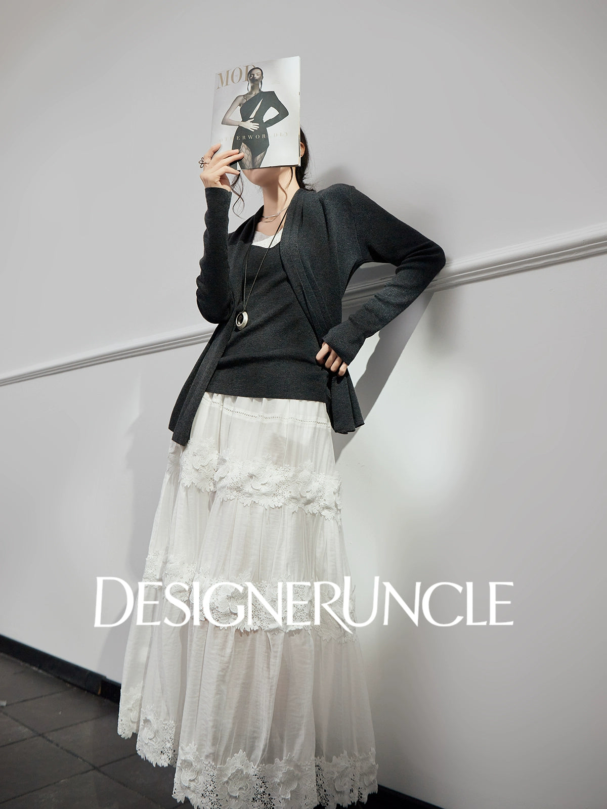 DGU "Moqin" dark flower gray jacket new lazy style design loose cardigan - Avery.