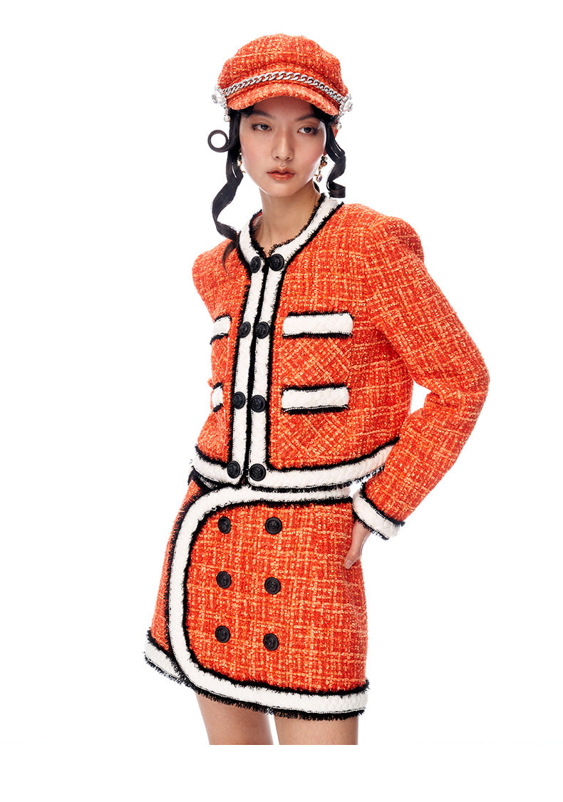 Limited edition orange contrast thick rope tweed mini short skirt -  Sk-ioue