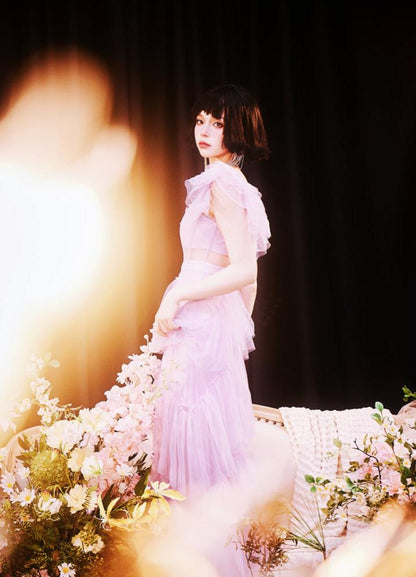 DOLLY High End Square Collar Short Ruffle Sleeves High Waist French Style Dress-MARIANA