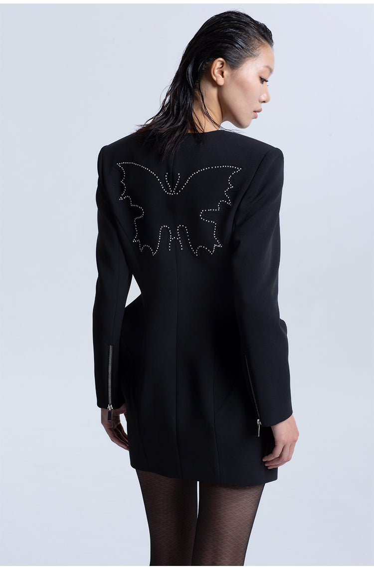 LEDIM W V-neck butterfly patch long sleeve hourglass stuctured little black dress - Lioe