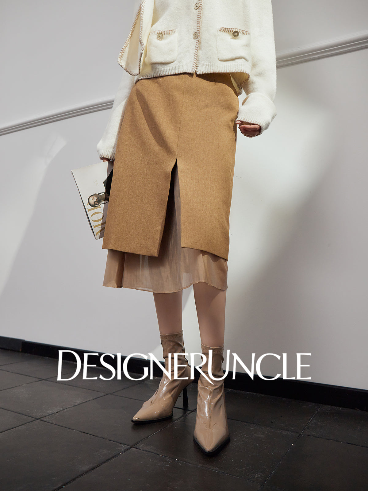DGU "Lumu" coffee slit design high-end commuter long skirt - Ryan.