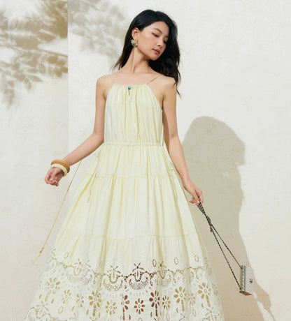 Sushe French Resort Quilted cotton embroidered lace loose A-line long slip dress-LUCY