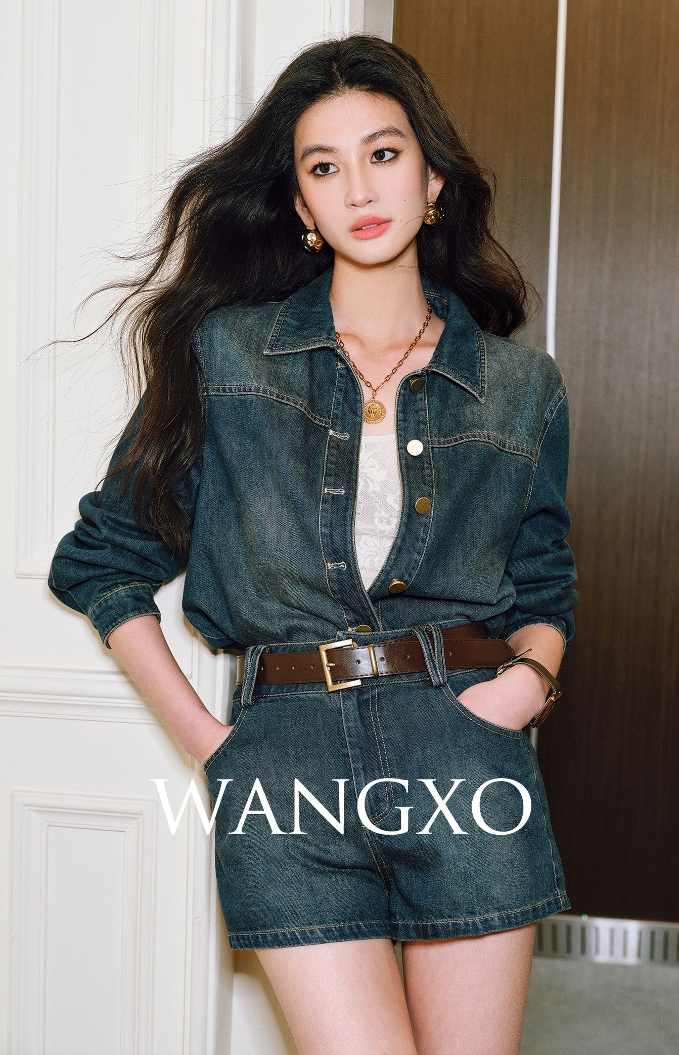 WANGXO | Sophisticated Denim Shirt & Shorts Outfit Set - LUXOR.