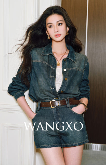 WANGXO | Sophisticated Denim Shirt & Shorts Outfit Set - LUXOR.