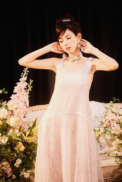 DOLLY Luxury U-Neck Sleeveless Fake Two Piece Midi Swing Dress-KASSIA