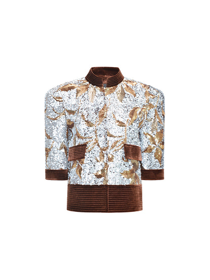 M essential Mackay luxury brown silver stand collar short seuins  jacket top pencil skirt set - sans.