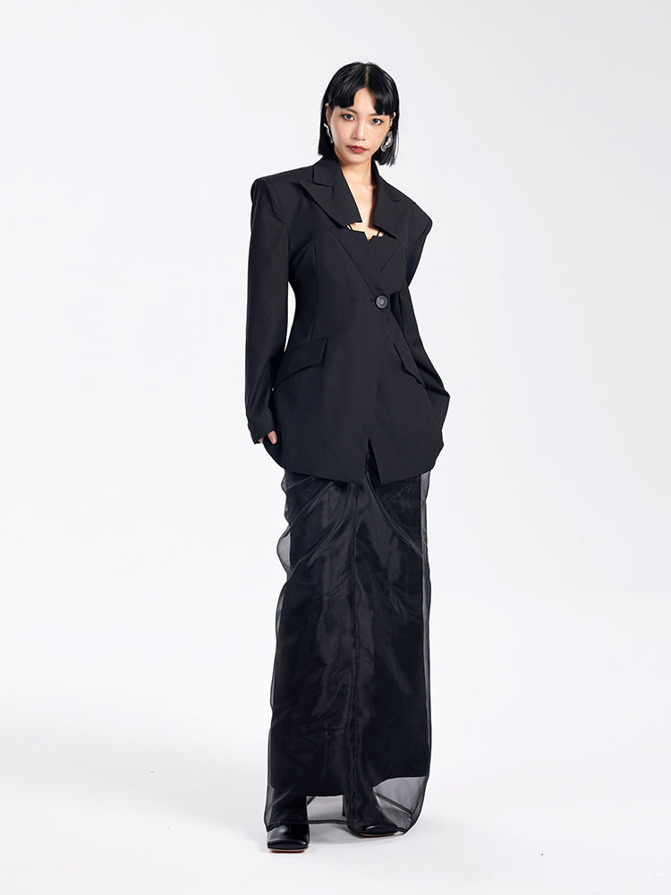 TINY IN casual black cut-out collar waist coat-SYAD
