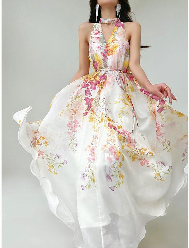 Aconiconi Elegant Japanese Style Printed Long Loose Halter Dress- Daylily and Breeze M / White Aconiconi Elegant Japanese Style Printed Long Loose Halter Dress- Daylily and Breeze M / White