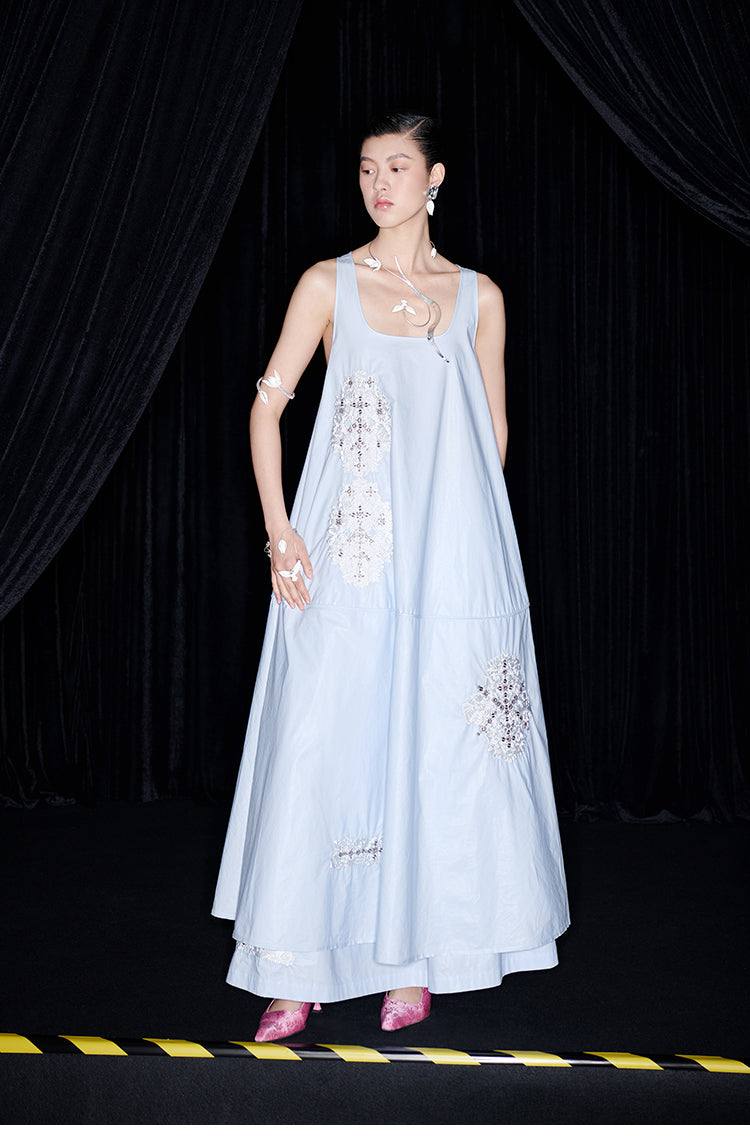 M essential Mackay designer embroidered A-hem pastel blue skirt dress - euno sia.