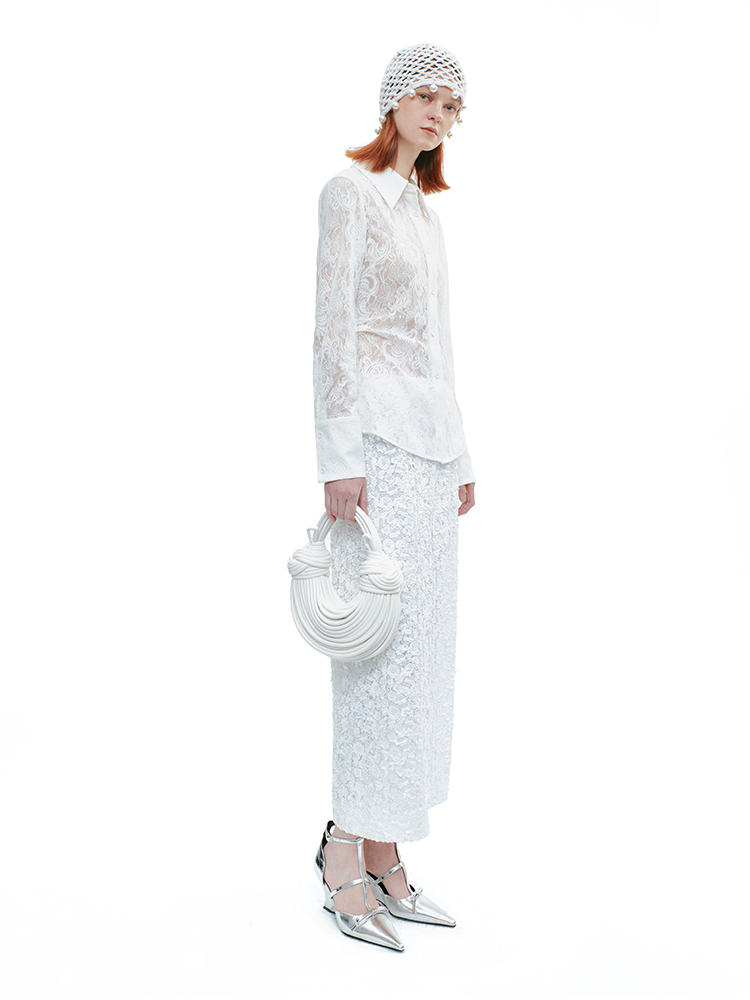 YES BY YESIR | Lace Long Sleeve Sheer White Shirt  -AMALITHA.