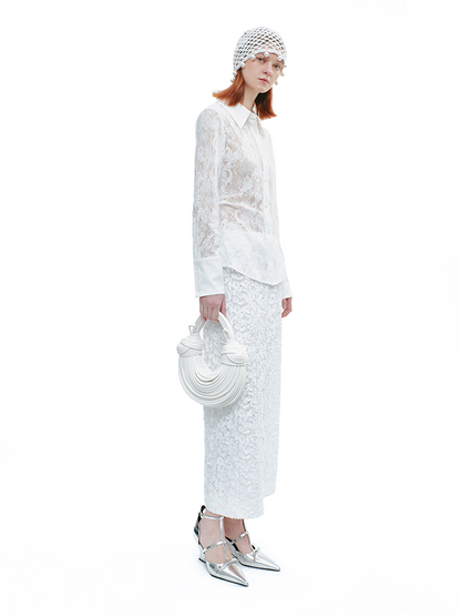YES BY YESIR | Lace Long Sleeve Sheer White Shirt  -AMALITHA.