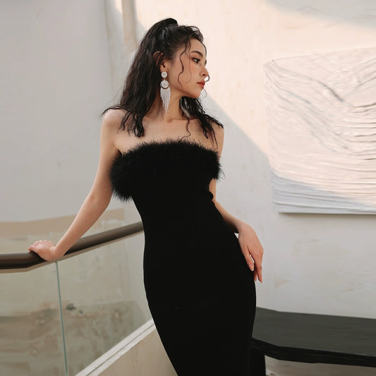 DOLLY Elegant Black Fluffy Feather Tube Top Stretchy Knitted Slim Fit Dinner Dress-GIRL (V)