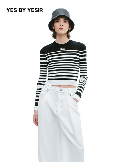 YES BY YESIR  black and white striped short woolen knit top - PROJECT.