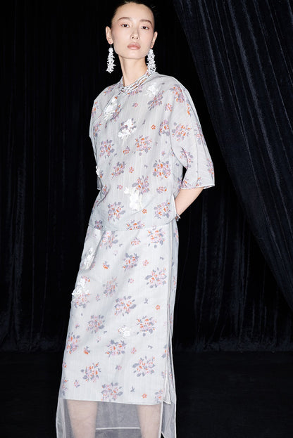 M essential Ma Kay designer Jinghe printed fabric floral nail beads top - JULY.