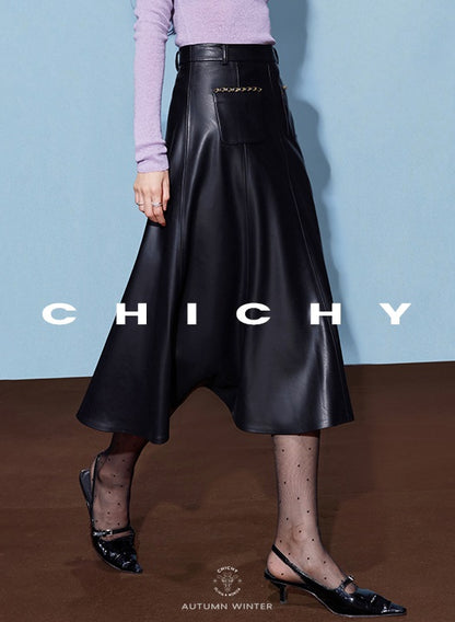 CHICHY retro socialite dark red leather long skirt-DAN