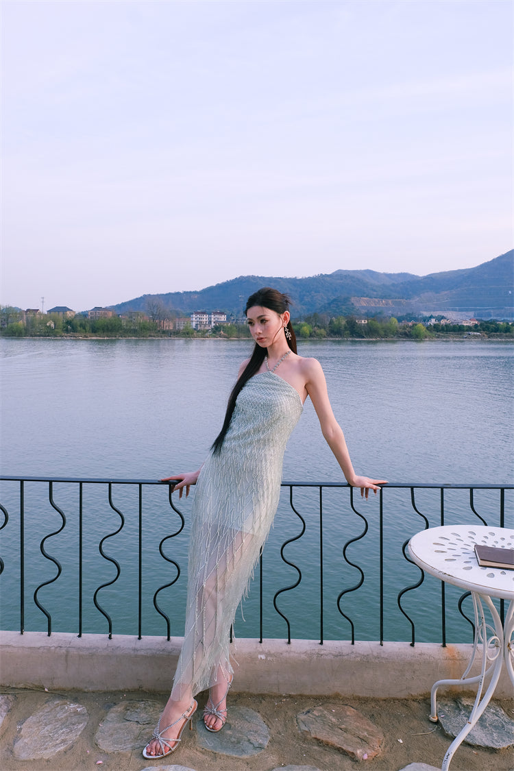 Wardrobes by Chen Elegant Green Halter Tassel cocktail party Dress-Zen