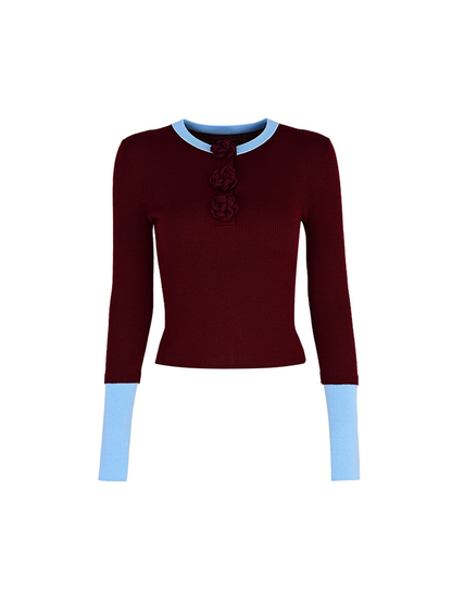 YES BY YESIR sheep wool three small red flower knitted top- ROMAN.